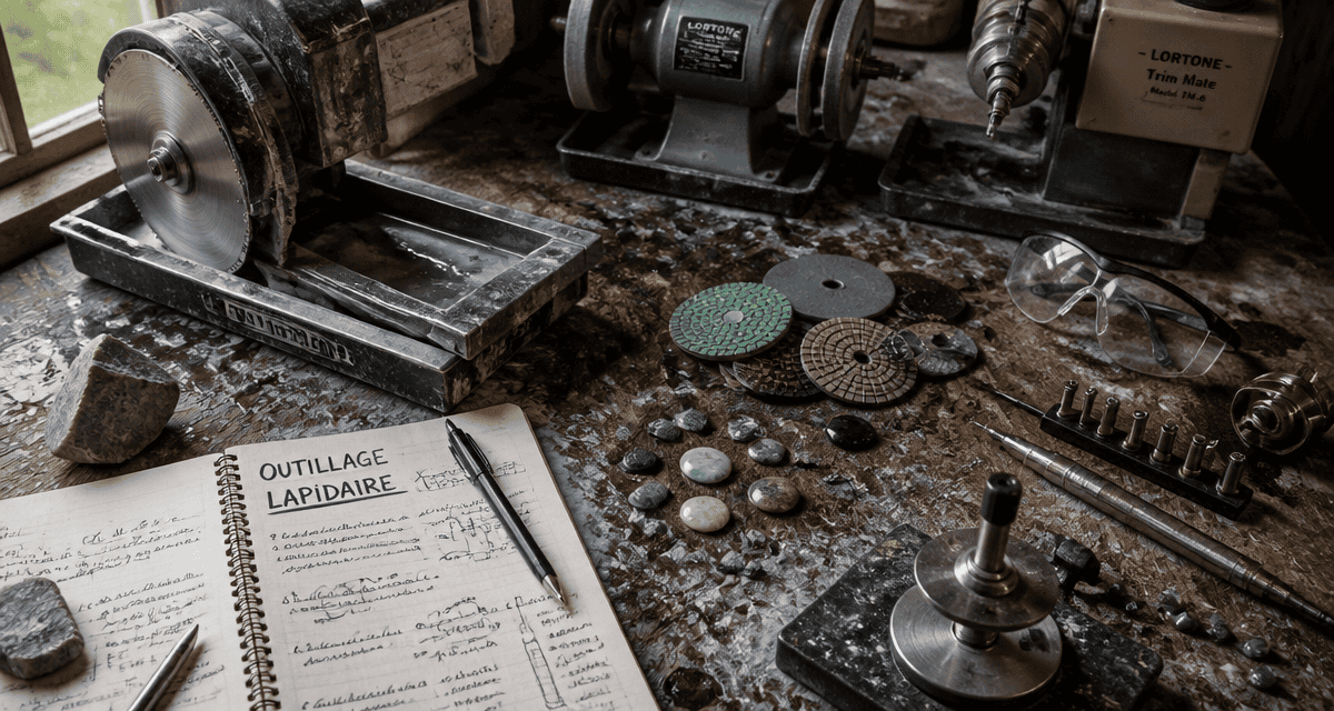 Lapidaire outillage sur établi avec outils et pierres