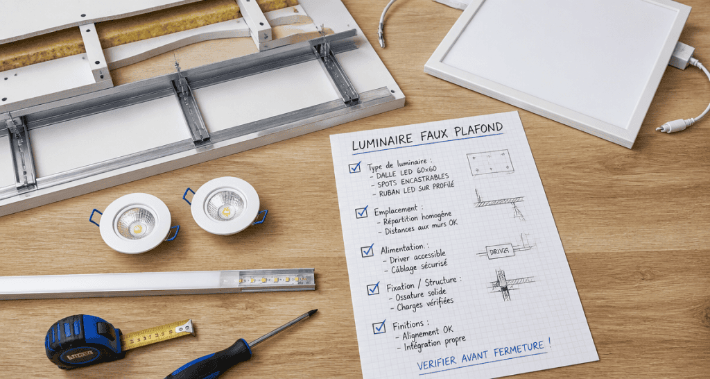 Luminaire faux plafond et checklist technique sur plan de travail