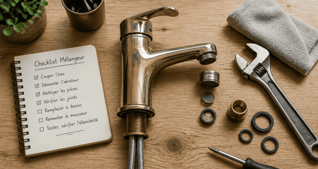 melangeur robinet cuisine laiton chromé et outils