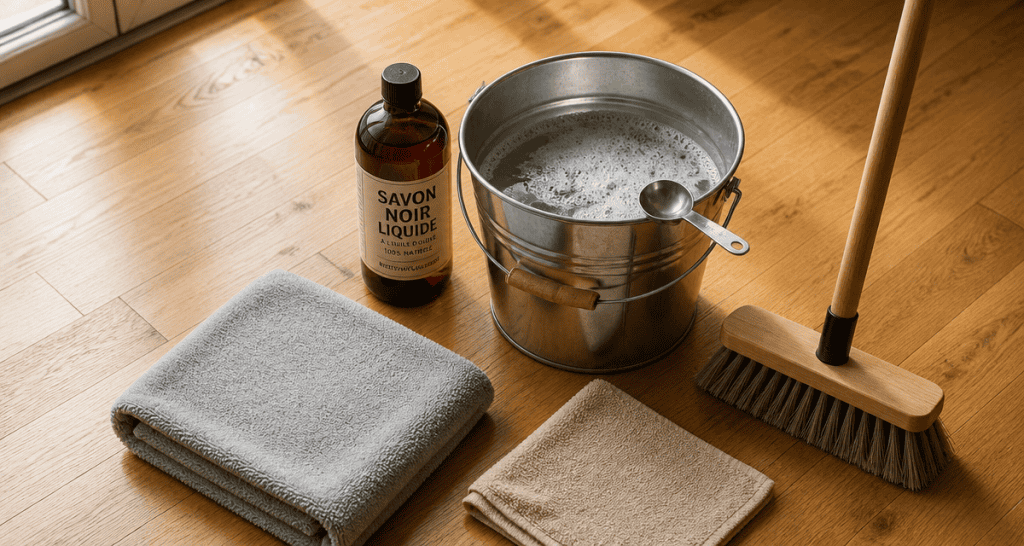 nettoyer parquet vitrifié savon noir, méthode et accessoires