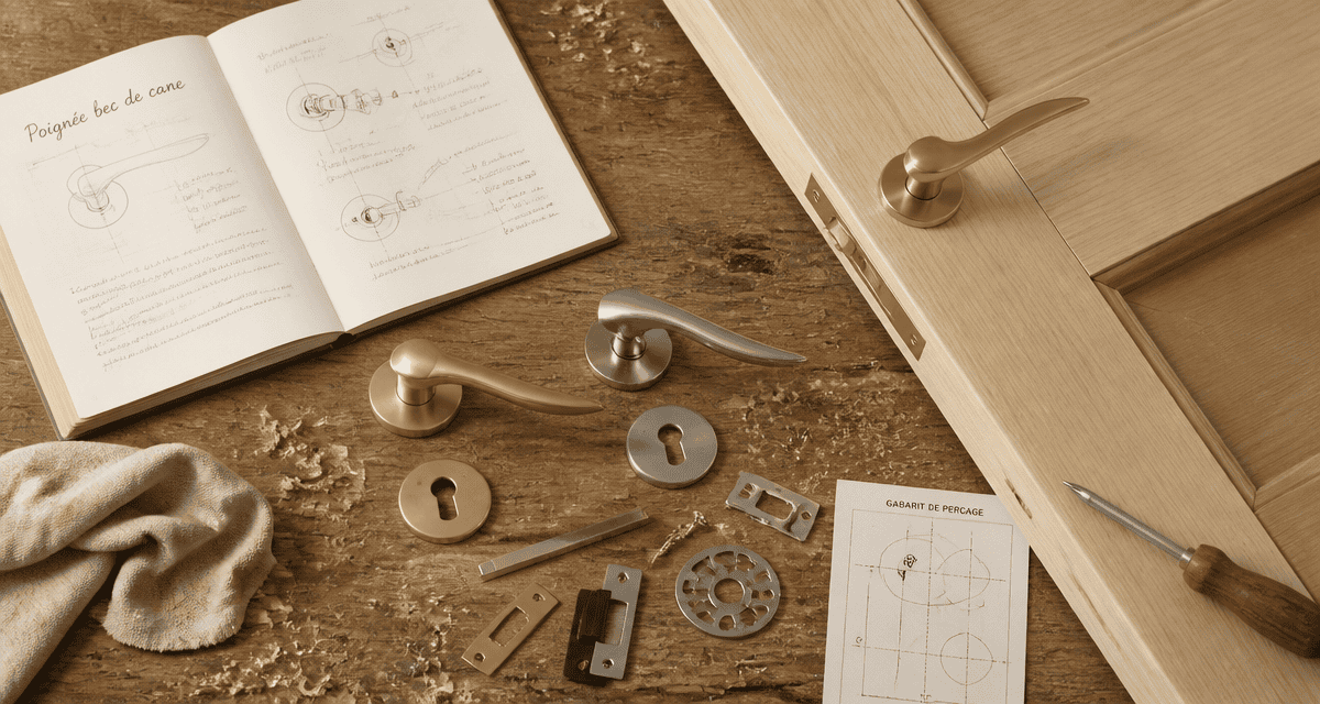 poignee bec de cane laiton inox et accessoires sur plan de travail