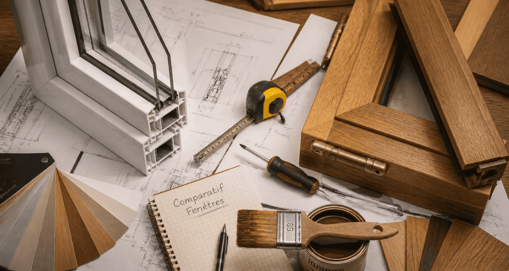 PVC ou bois pour les fenetres, échantillons comparés sur bureau artisan