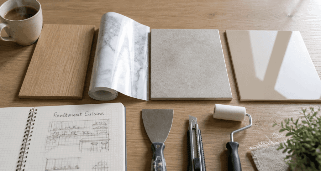 revêtement de plan de travail cuisine échantillons alignés et outils