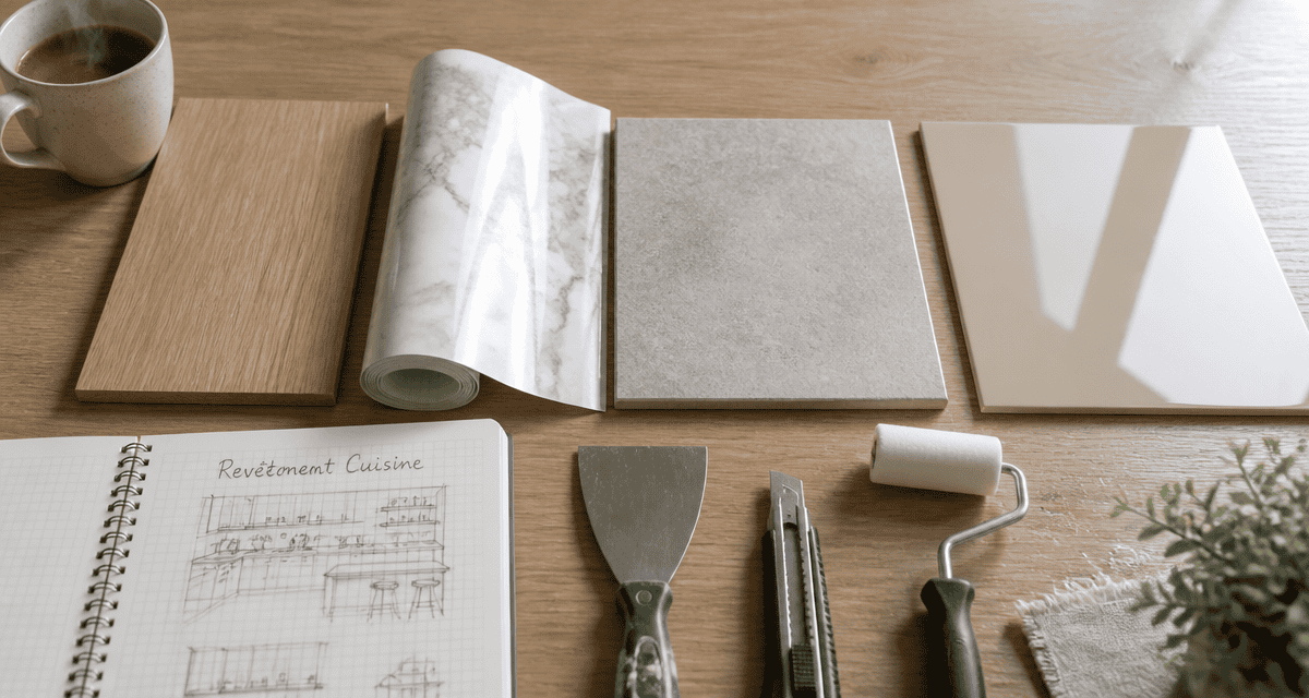 revêtement de plan de travail cuisine échantillons alignés et outils
