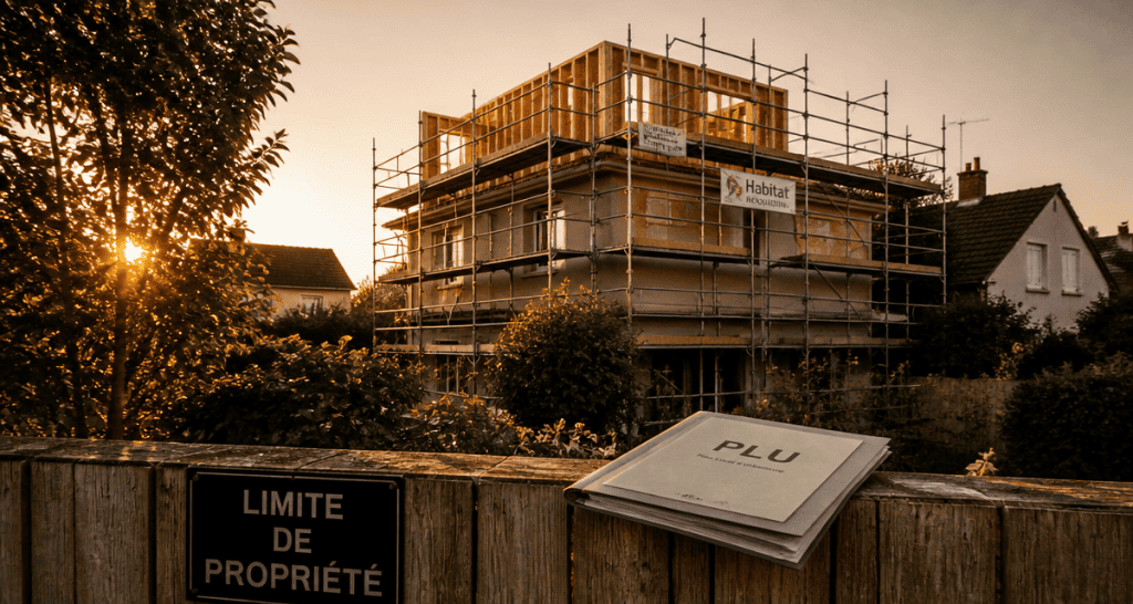 surélévation maison et voisinage, chantier vu du jardin voisin