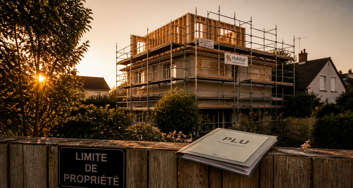 surélévation maison et voisinage, chantier vu du jardin voisin