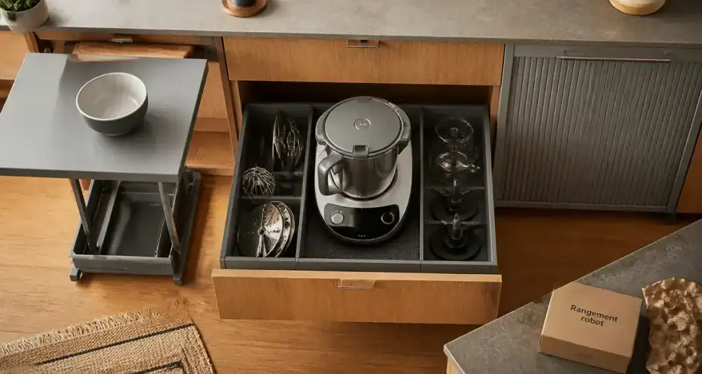 Astuce rangement robot cuisine : robot dans tiroir et garage à robot
