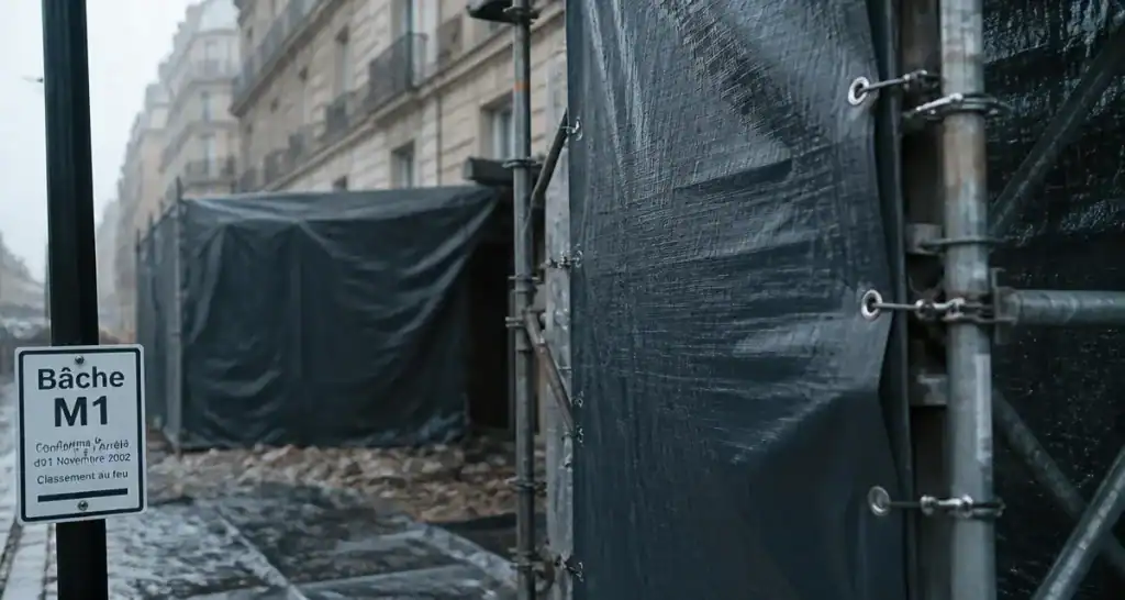 Bache de chantier PVC tendue sur échafaudage, œillets et sandows pour sécuriser les travaux