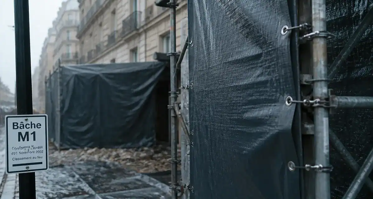 Bache de chantier PVC tendue sur échafaudage, œillets et sandows pour sécuriser les travaux