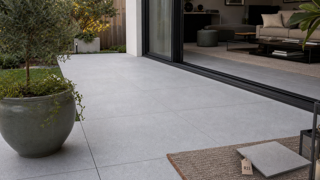 Carrelage terrasse moderne : dalles effet béton antidérapantes gris perle