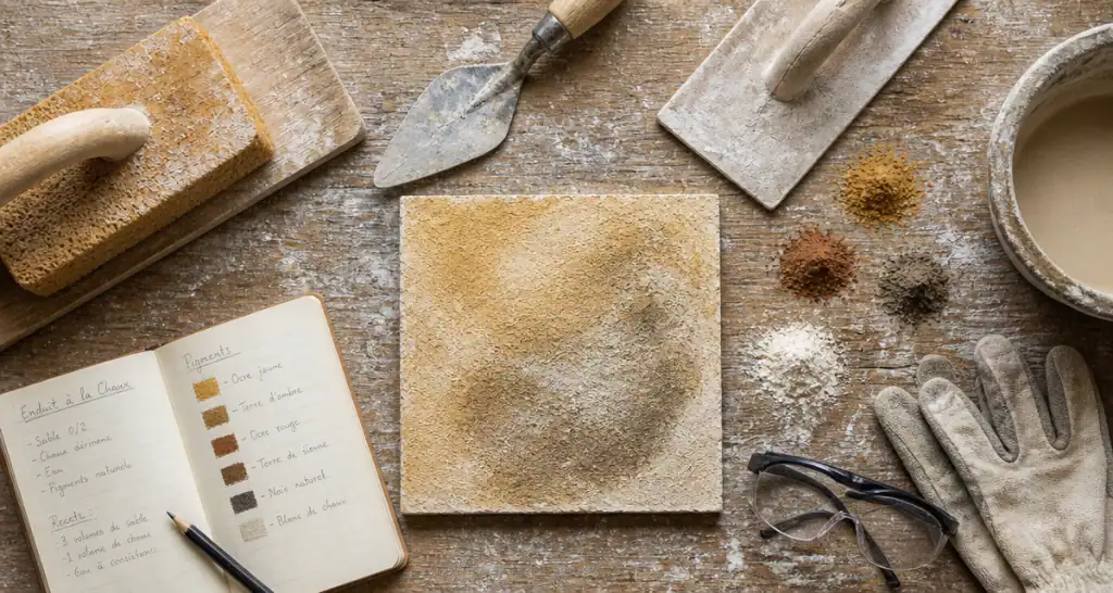 chaux enduit outils pigments sur bois