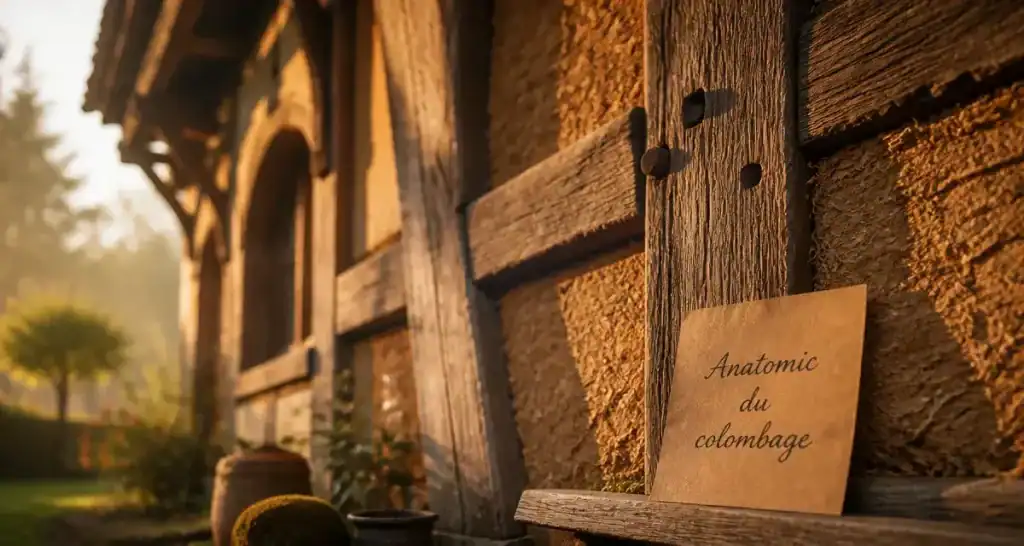 Façade de colombage maison : pan de bois et torchis, vue au golden hour
