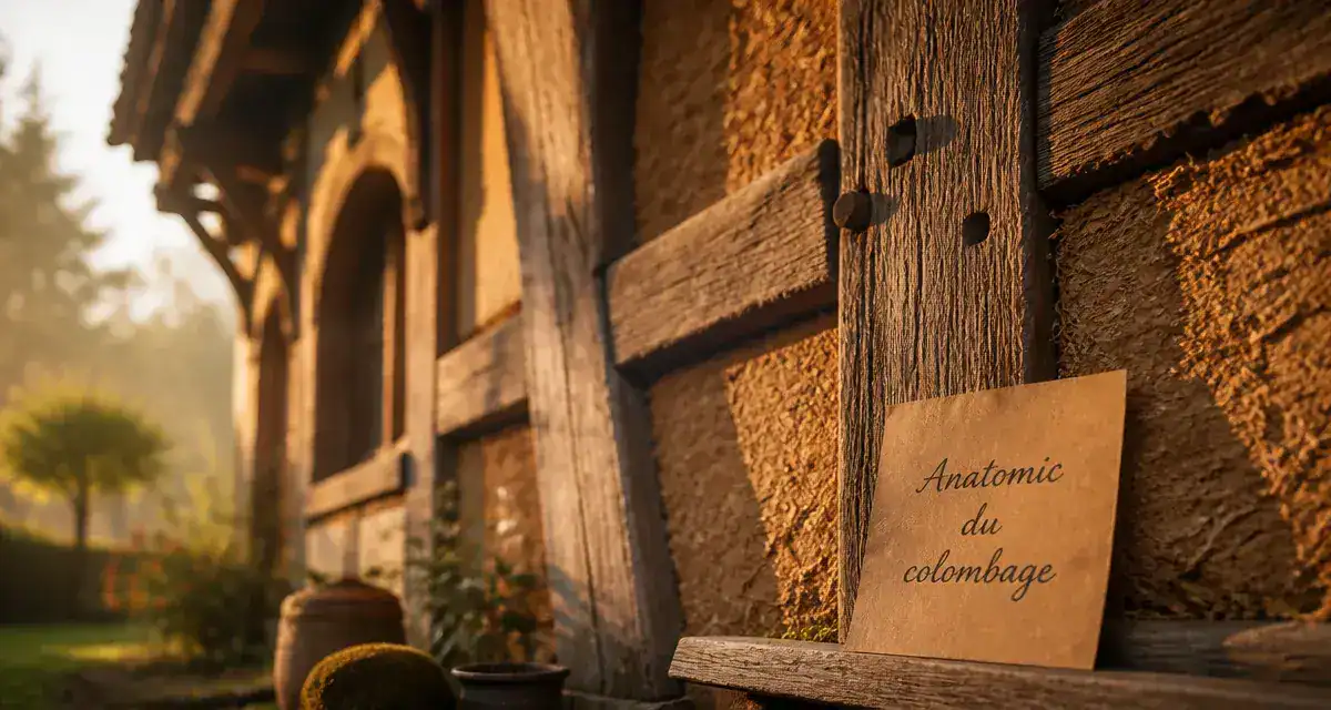 Façade de colombage maison : pan de bois et torchis, vue au golden hour