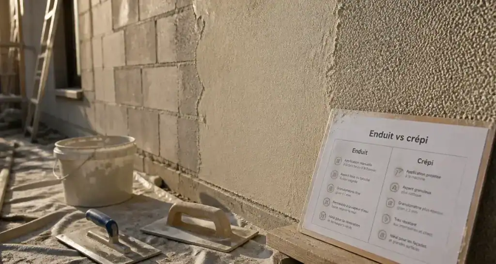 Crépi ou enduit extérieur : mur enduit frais et crépi projeté