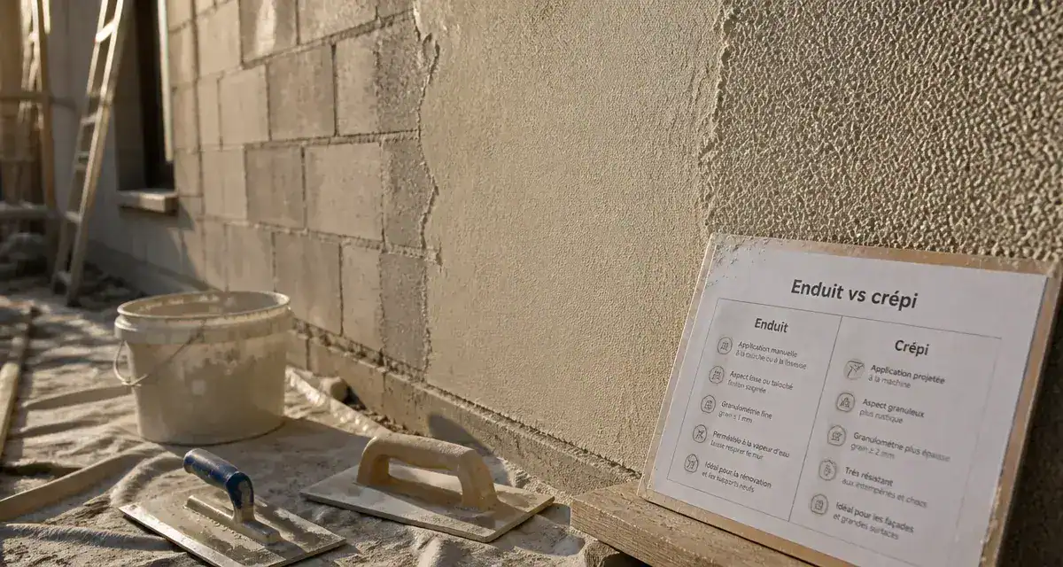 Crépi ou enduit extérieur : mur enduit frais et crépi projeté