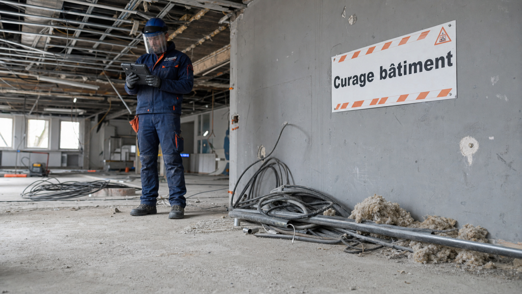 Curage batiment en cours : sol béton, poussière et technicien en EPI