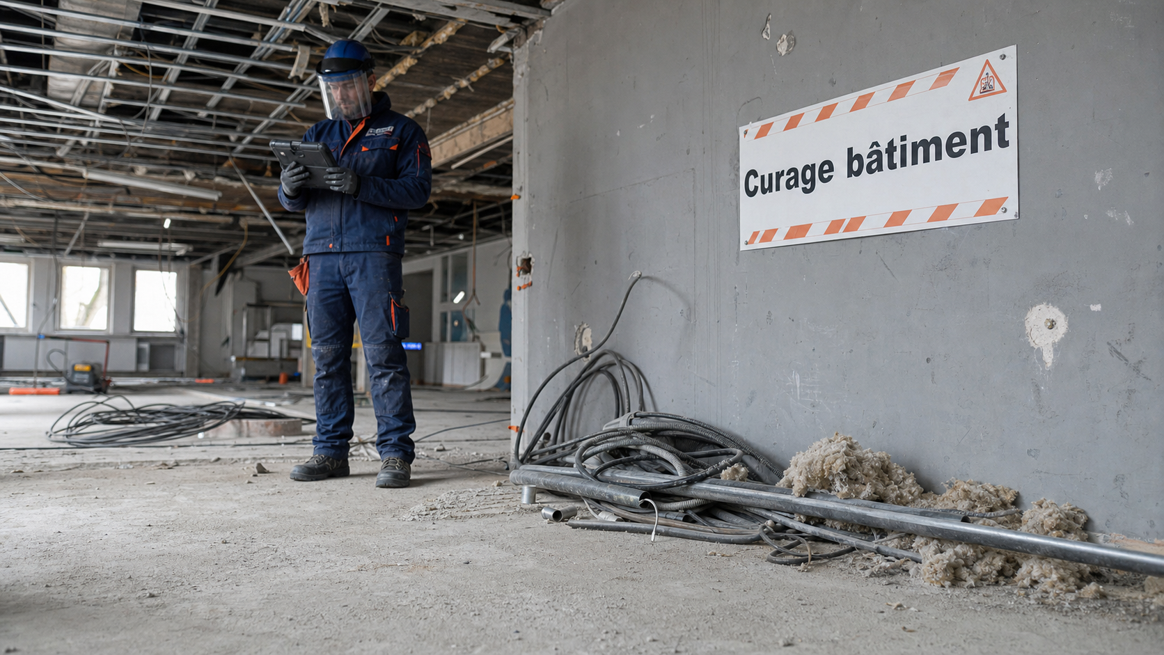 Curage batiment en cours : sol béton, poussière et technicien en EPI