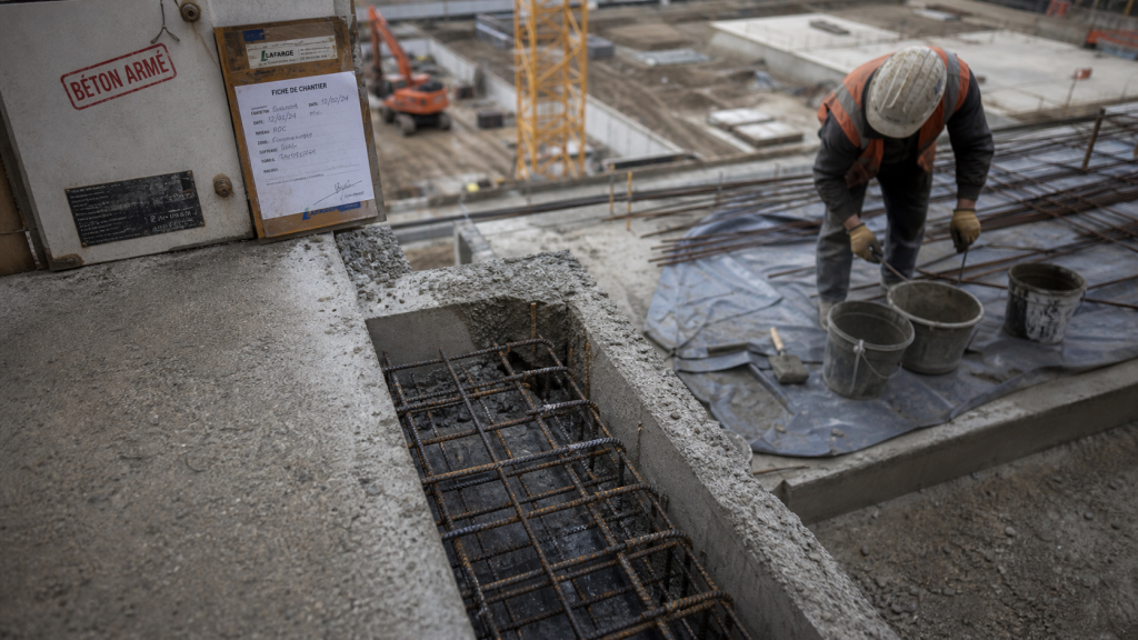 Coupe de dalle en béton armé : treillis soudé et enrobage d’acier sur chantier
