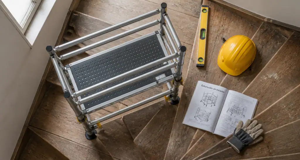 Échafauder escalier sur marches en bois, outils de sécurité