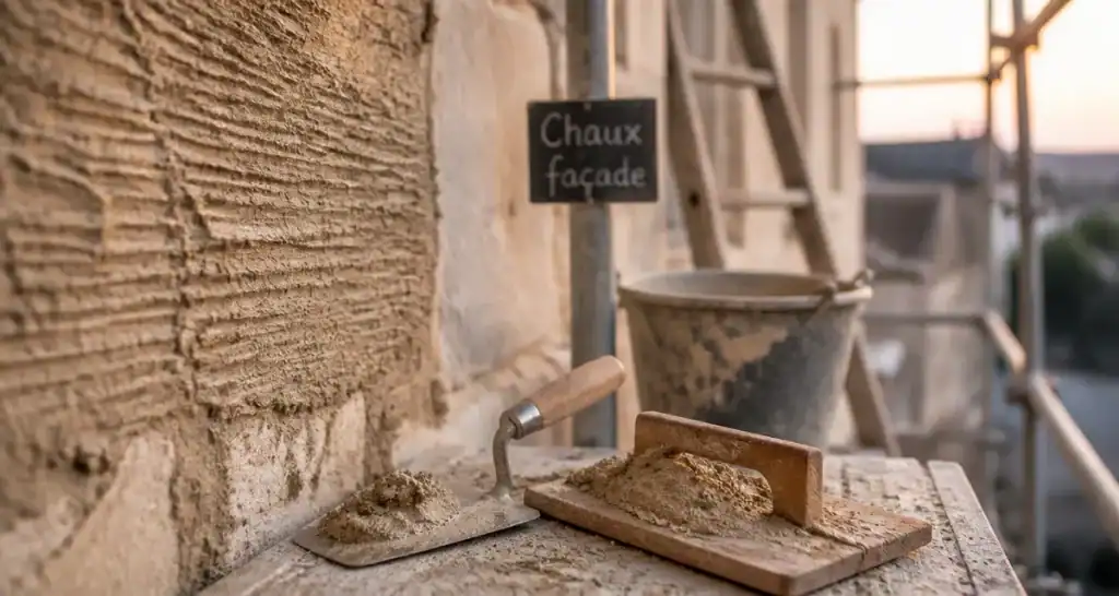 Enduit à la chaux facade : gobetis à la truelle sur façade en pierre