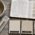 Enduit prix m2 : truelle, seau et échantillons de textures