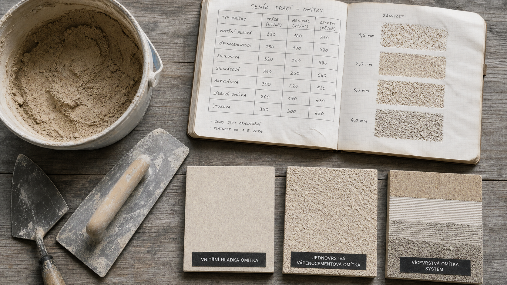 Enduit prix m2 : truelle, seau et échantillons de textures