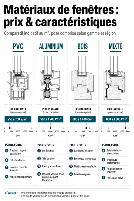 Comparatif des prix et caractéristiques des matériaux pour le remplacement de fenêtres : PVC, Aluminium, Bois et Mixte.