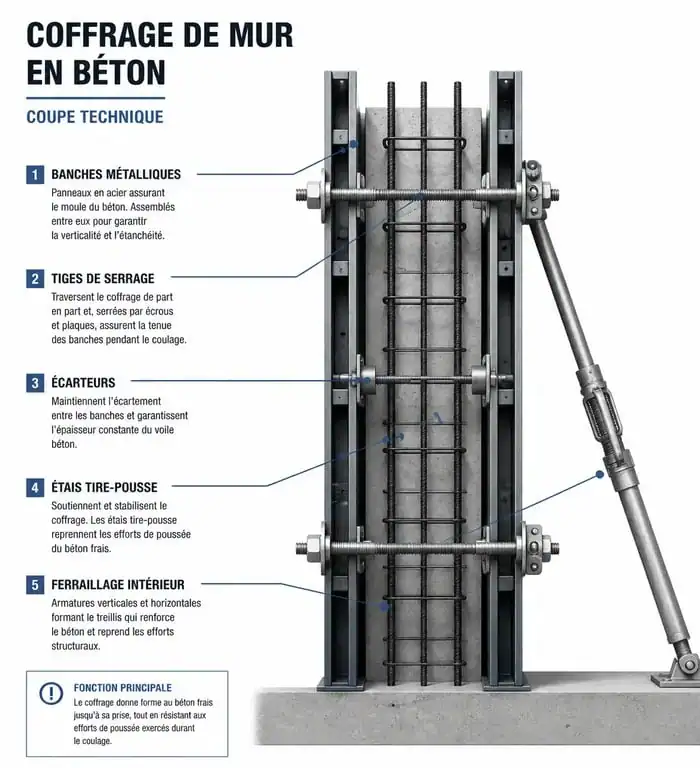 Schéma technique d'un coffrage de mur en béton avec banches et ferraillage