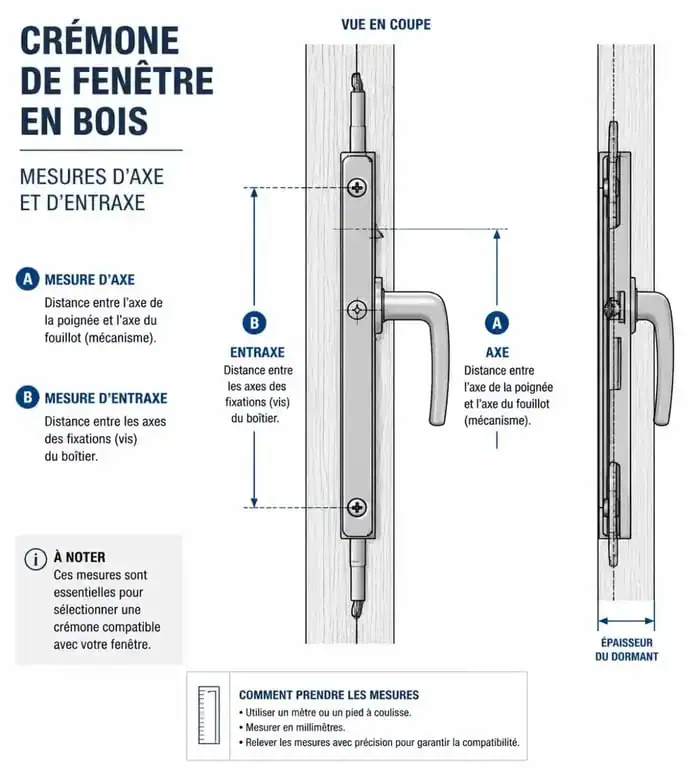 Schéma technique des mesures d'axe et d'entraxe pour le remplacement d'un mécanisme de crémone de fenêtre en bois