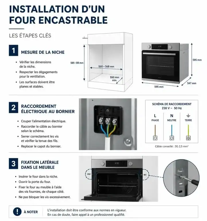 Schéma illustrant les étapes pour installer un four encastrable dans une cuisine