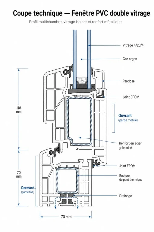 Schéma technique d'une fenêtre double vitrage PVC montrant les chambres d'isolation et le vitrage.