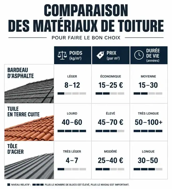 Comparatif des matériaux de toiture : shingle, tuile et bac acier