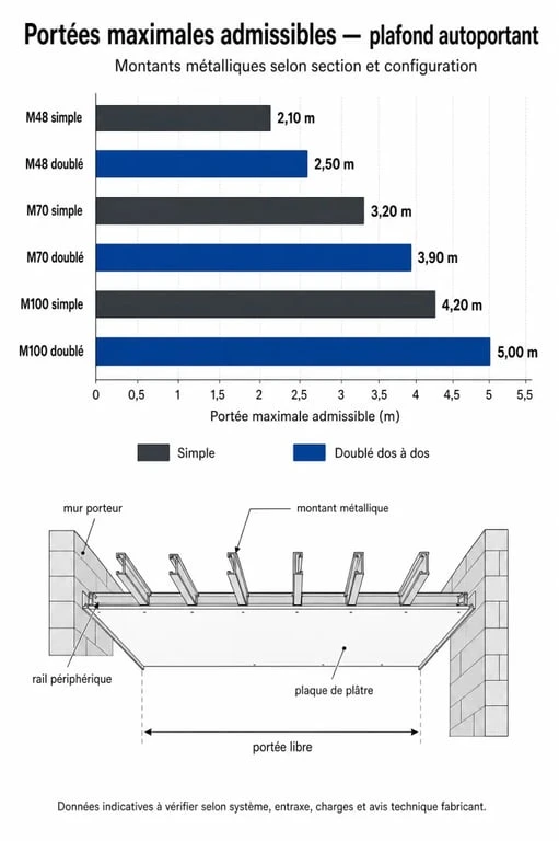 Tableau des portées maximales pour plafond autoportant selon la section des montants