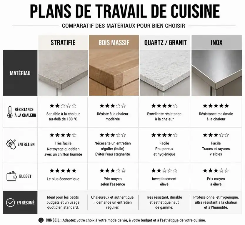 Comparatif des matériaux pour plan de travail de cuisine 80 cm de profondeur : stratifié, bois, quartz et inox.