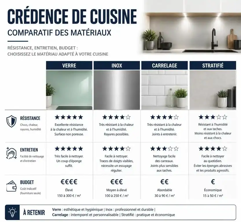 Infographie comparative des matériaux pour choisir sa crédence de cuisine