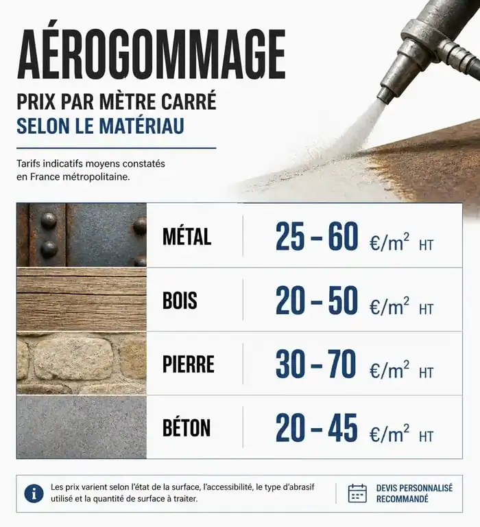 Infographie des prix de l'aérogommage au m2 par type de support pour estimer son budget travaux