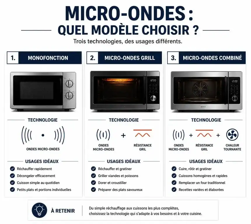 Infographie comparative pour choisir son micro-ondes : monofonction, grill ou combiné