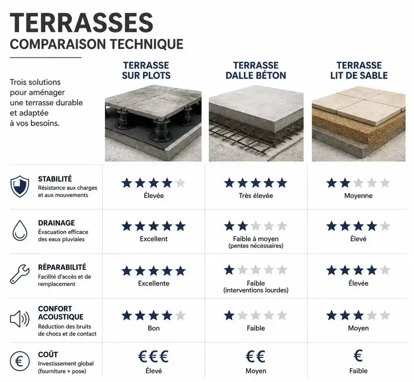 Tableau comparatif des inconvénients et avantages de la terrasse sur plots par rapport à la dalle béton et au lit de sable