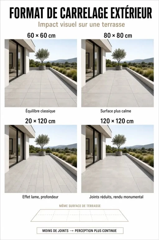 Comparatif des formats de carrelage terrasse moderne pour visualiser l'impact visuel