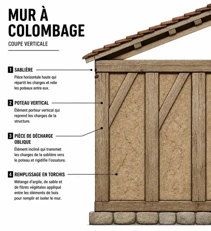 Schéma technique de la structure d'un mur à colombage avec ses composants principaux