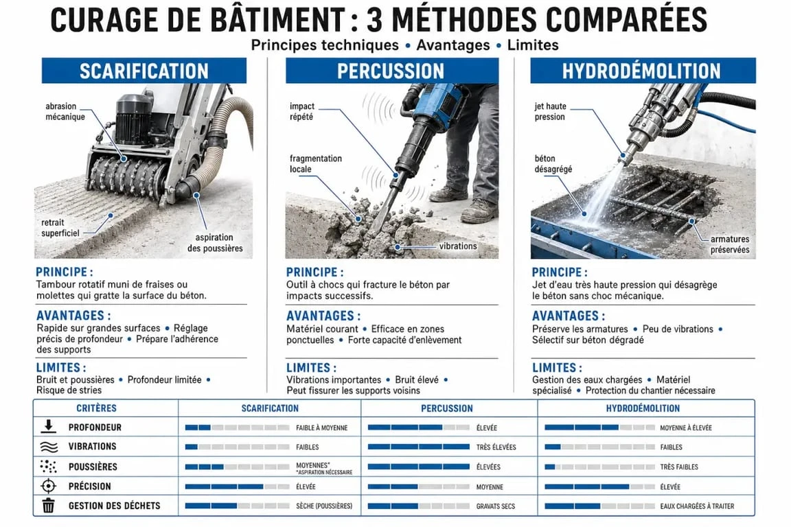 Infographie comparative des méthodes de curage de bâtiment : scarification, percussion et hydrodémolition