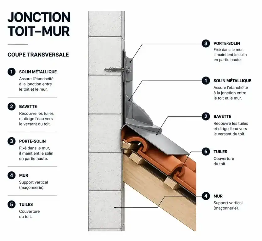 Schéma technique d'une jonction toit mur avec solin pour assurer l'étanchéité