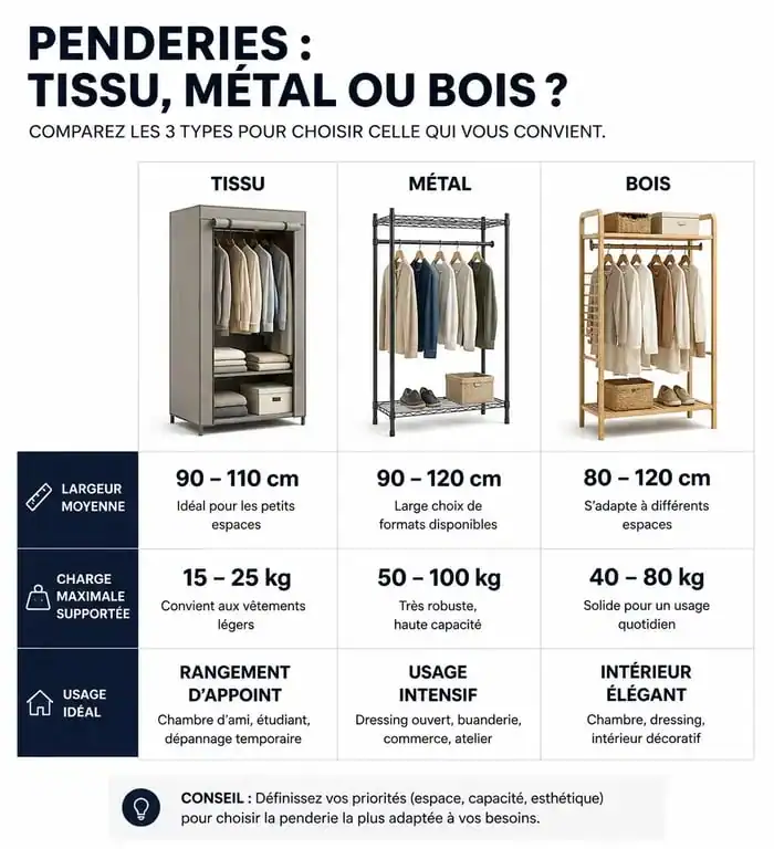 Tableau comparatif des différents modèles de penderie simple : tissu, métal et bois pour choisir le rangement adapté.