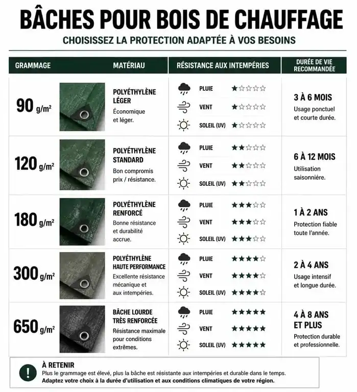 Infographie comparative des grammages de bâche pour bois de chauffage pour choisir la protection idéale.