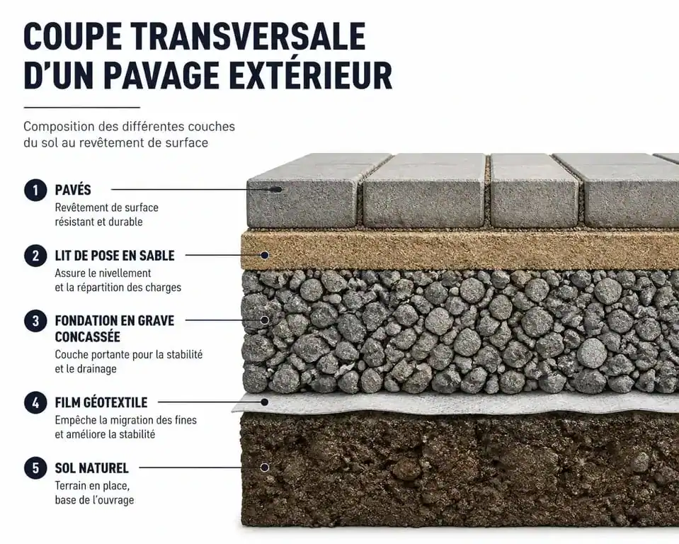 Schéma en coupe des étapes de pose pavage extérieur