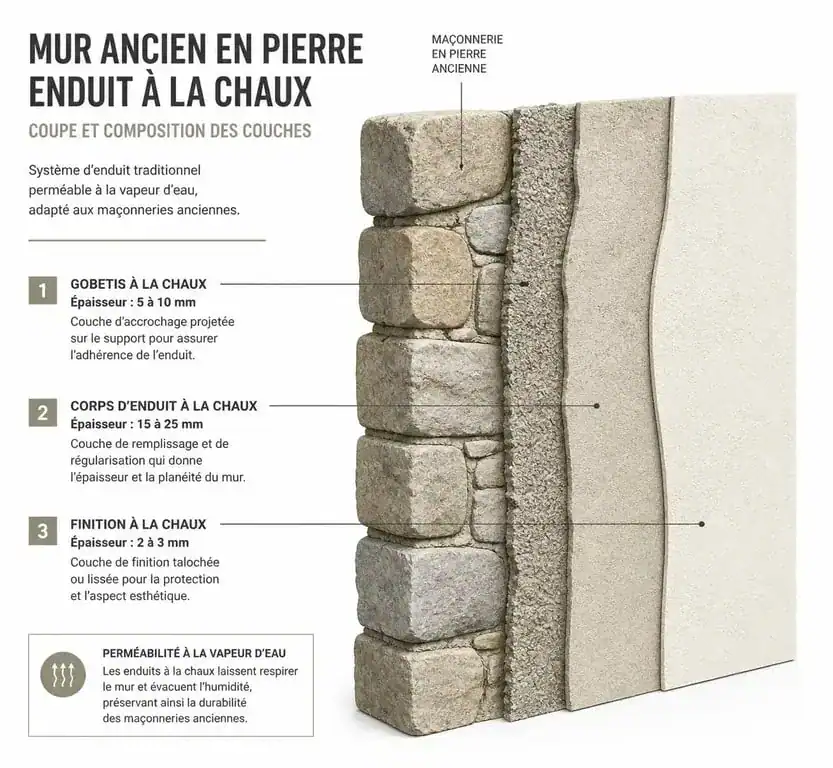 Schéma technique des couches d'un enduit patrimoine à la chaux sur mur en pierre