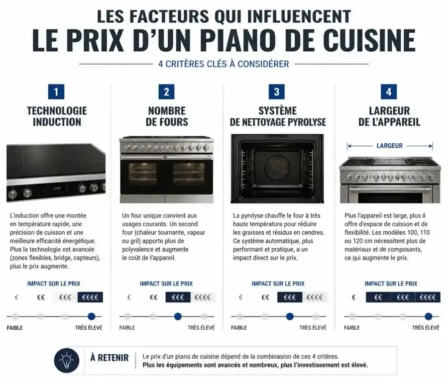Infographie des critères techniques influençant le prix d'un piano de cuisine, incluant induction, fours et nettoyage.