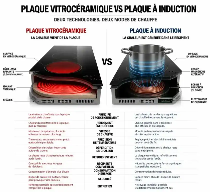 Infographie comparative : différence entre plaque à induction et plaque vitrocéramique