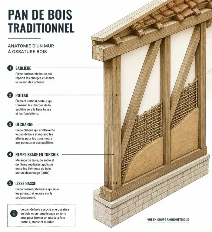 Schéma explicatif de l'anatomie d'un mur à colombages maison