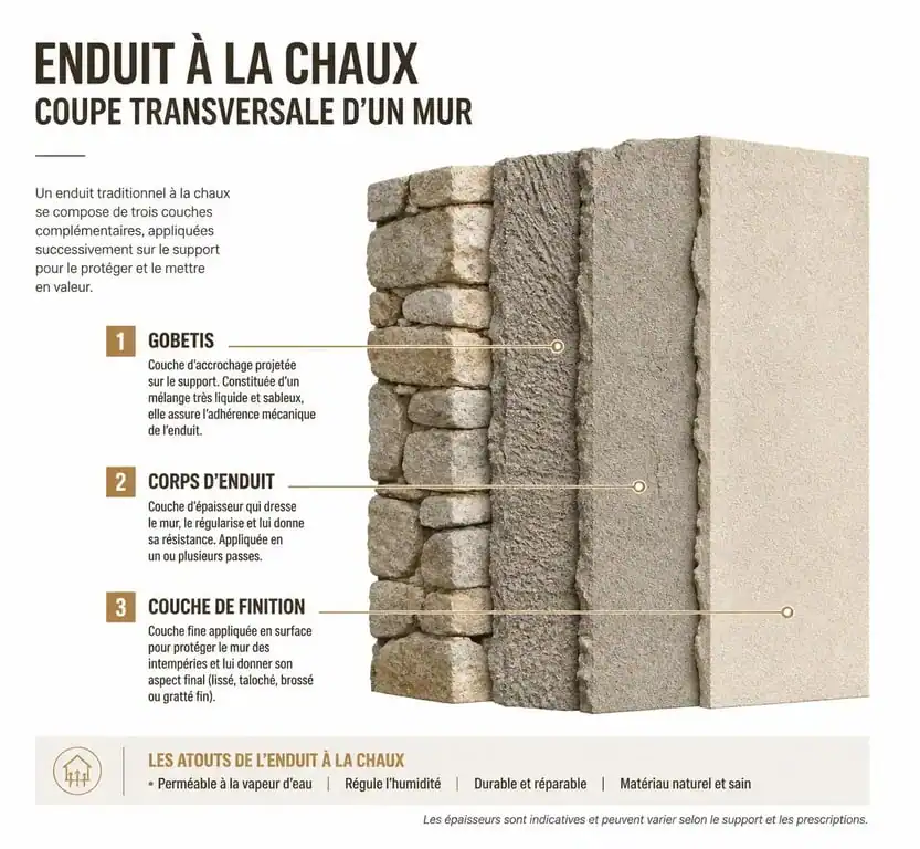 Schéma des trois couches d'un enduit à la chaux pour façade : gobetis, corps et finition